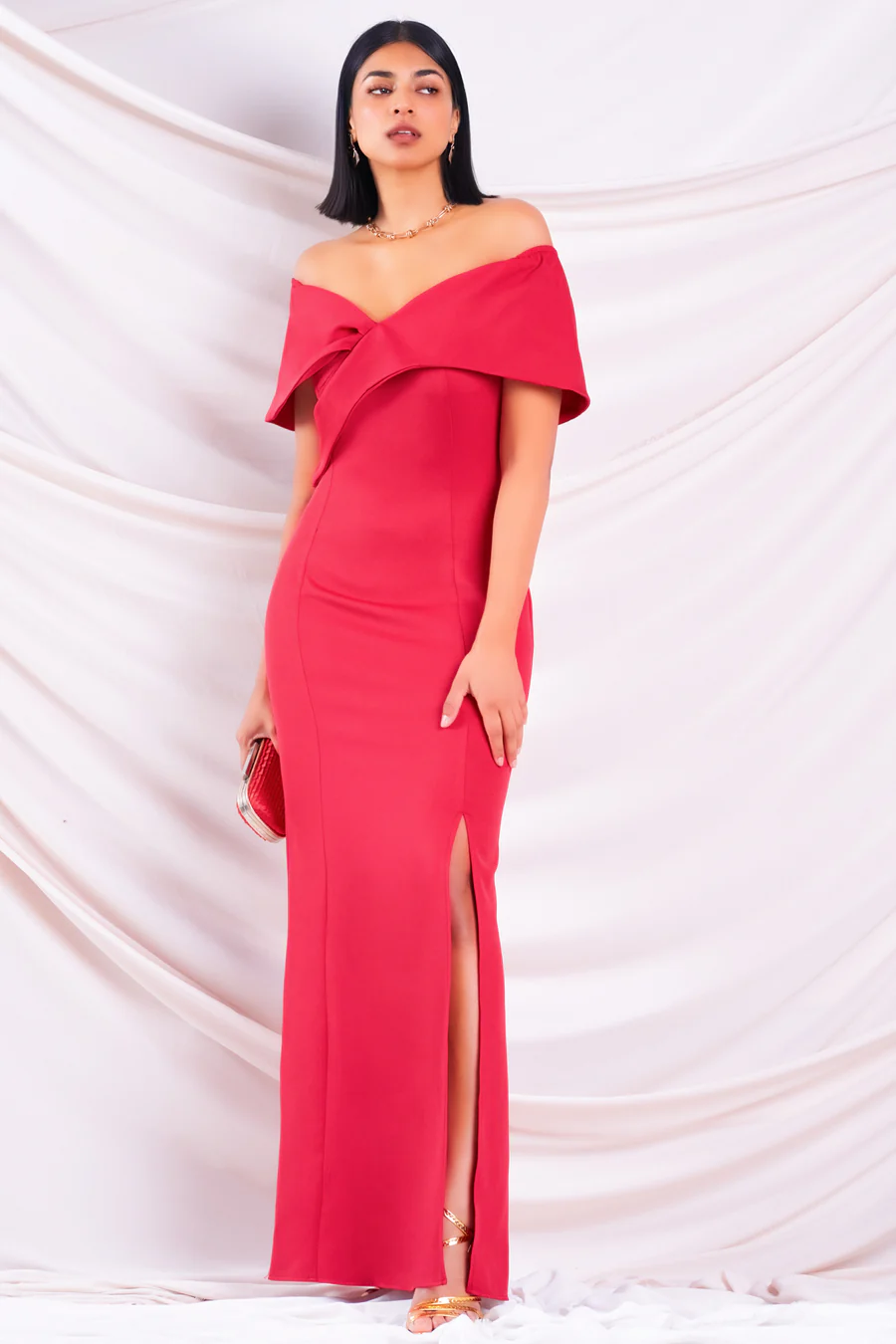 RED OFF SHOULDER MAXI DRESS