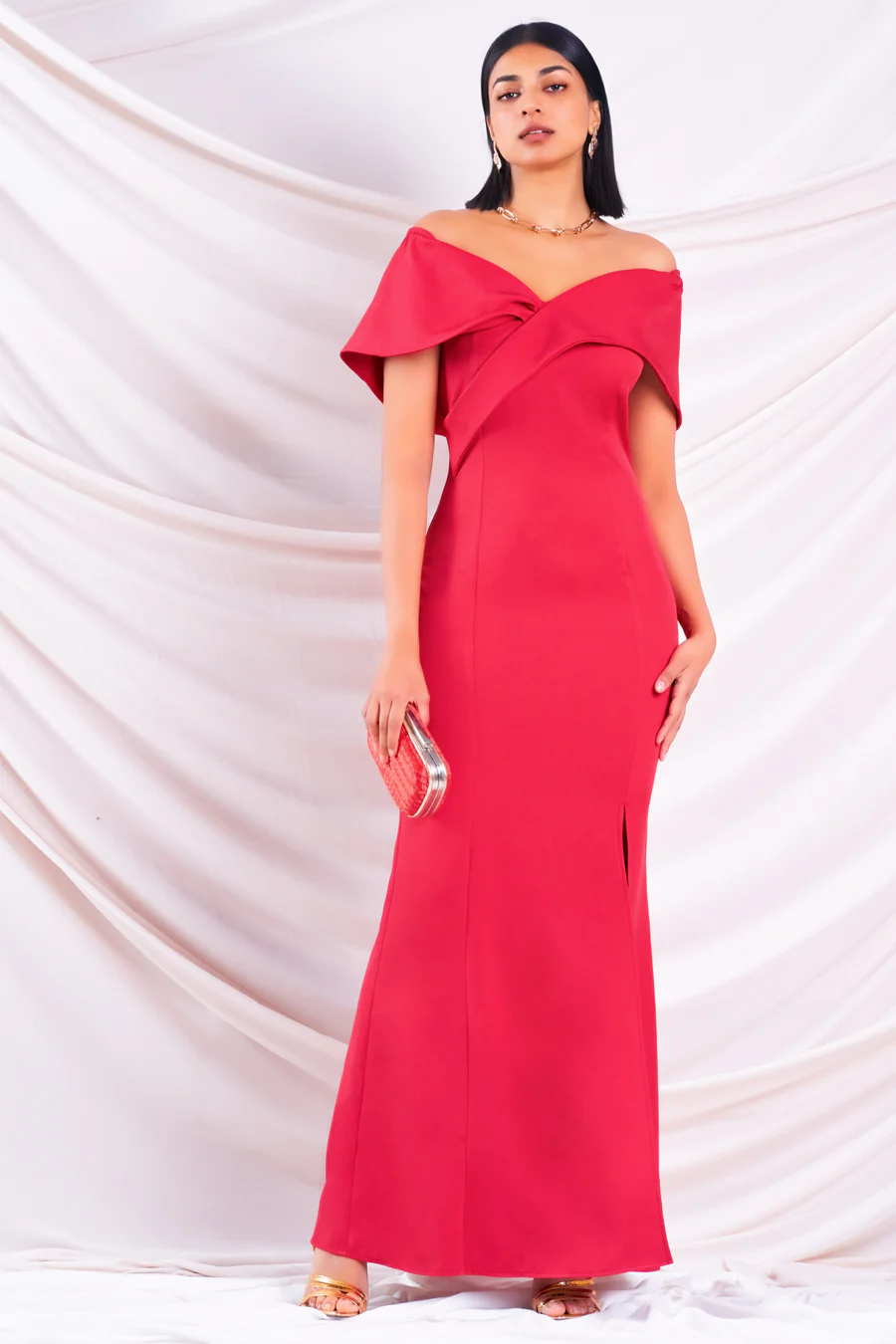 RED OFF SHOULDER MAXI DRESS