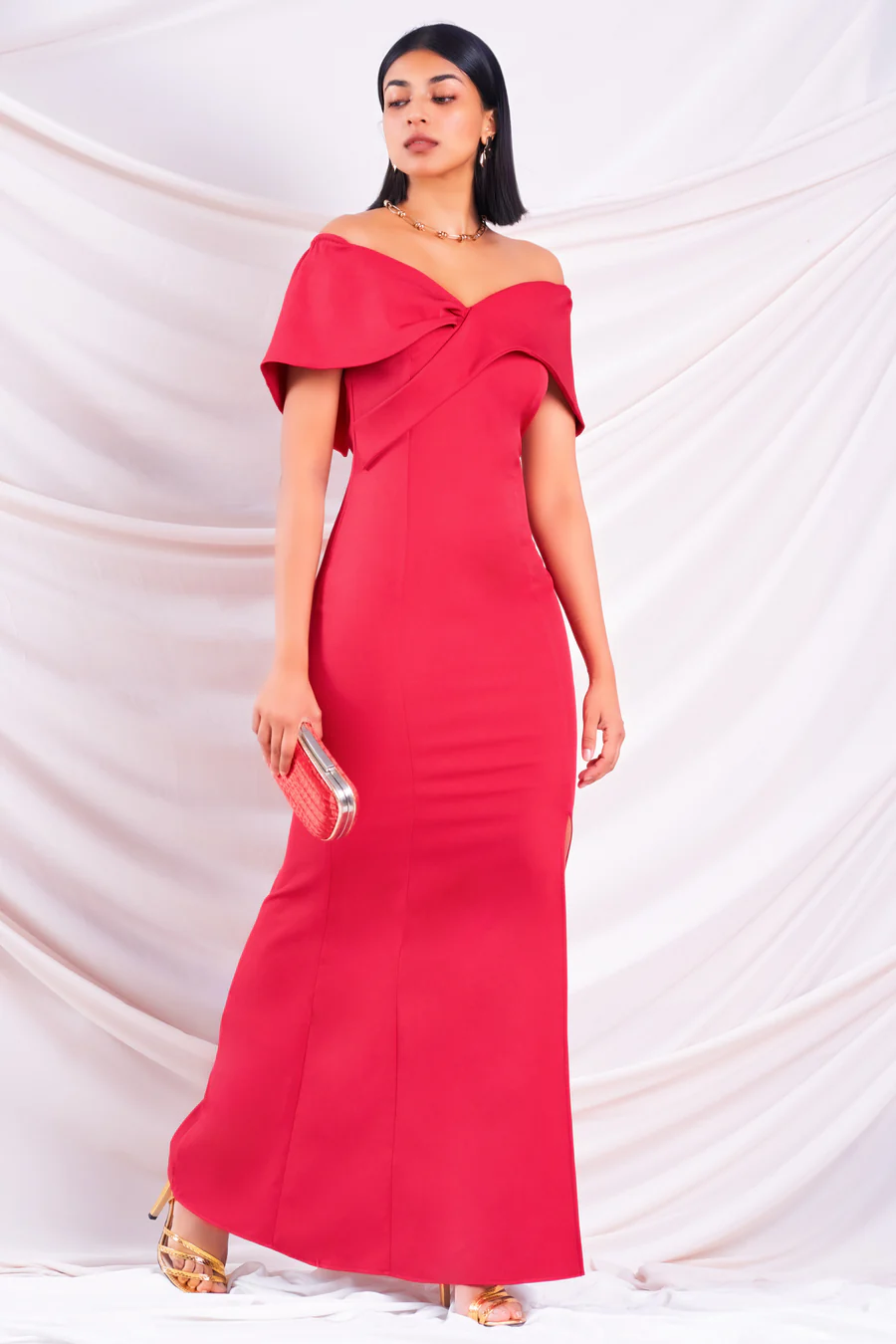 RED OFF SHOULDER MAXI DRESS